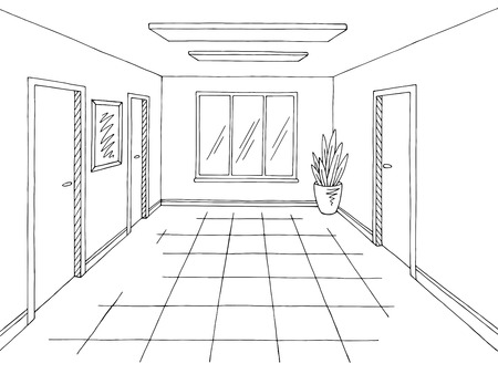 Corridor graphic black white interior sketch illustration vectorのイラスト素材