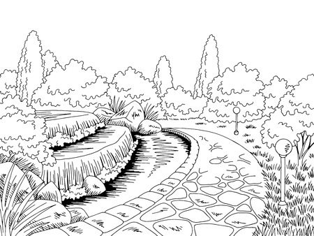 Park pond graphic black and white sketch illustration vectorのイラスト素材