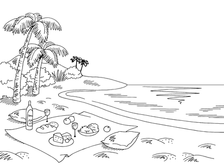 Picnic sea coast graphic black white landscape sketch illustration vectorのイラスト素材