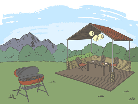 Barbecue graphic color landscape sketch illustration vectorのイラスト素材