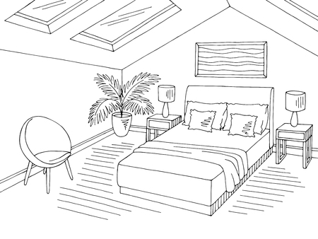 Attic bedroom black white graphic home interior sketch illustration vectorのイラスト素材
