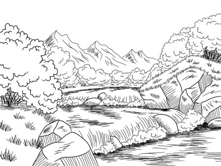 Mountain river graphic black white landscape sketch illustration vectorのイラスト素材
