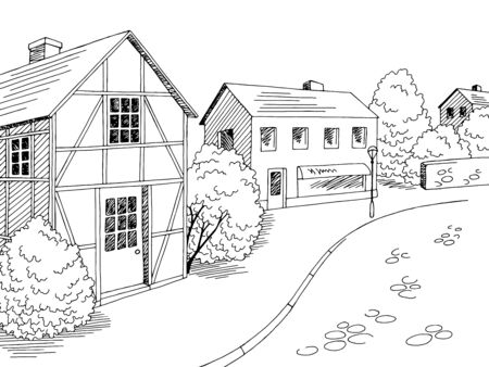 Old Europe street road graphic black white city landscape sketch illustration vectorのイラスト素材