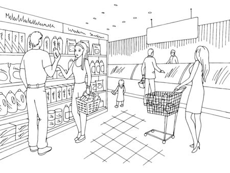 Grocery store shop interior black white graphic sketch illustration vector, people buying productsのイラスト素材