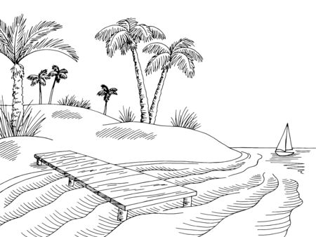 Sea pier graphic black white landscape sketch illustration vectorのイラスト素材