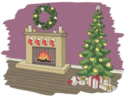 Living room graphic Christmas tree New Year color interior sketch illustration vectorのイラスト素材