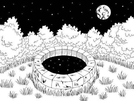 Well night graphic black white landscape illustration vectorのイラスト素材