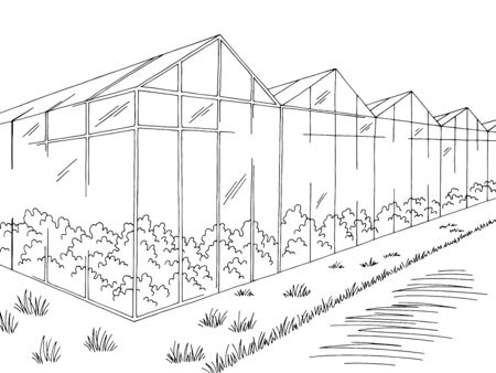 Greenhouse graphic black white landscape sketch illustration vectorのイラスト素材