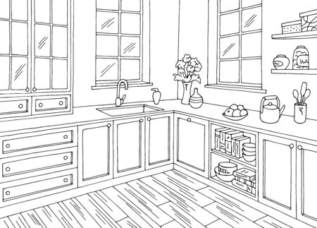 Kitchen room graphic black white home interior sketch illustration vectorのイラスト素材