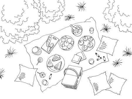 Picnic view from above top graphic black white landscape sketch illustration vectorのイラスト素材