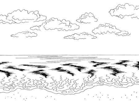 Sea coast graphic beach black white landscape sketch illustration vectorのイラスト素材