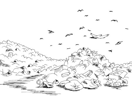 Landfill trash ecology problem graphic black landscape sketch illustration vectorのイラスト素材
