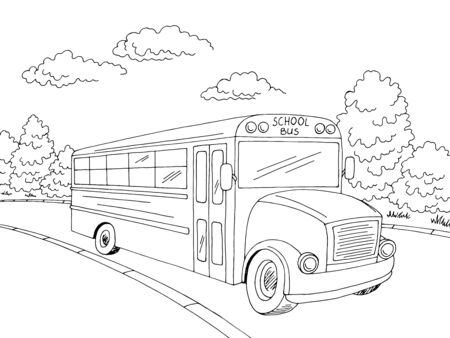 School bus graphic black white street landscape sketch illustration vector