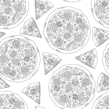 Pizza graphic fast food black white seamless pattern background sketch illustration vectorのイラスト素材