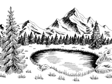 Mountain pond graphic black white landscape sketch illustration vectorのイラスト素材