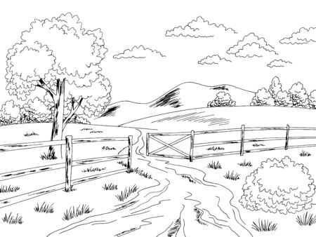 Rural road fence gate graphic black white landscape sketch illustration vectorのイラスト素材