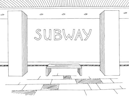 Subway station platform graphic black white sketch illustration vectorのイラスト素材