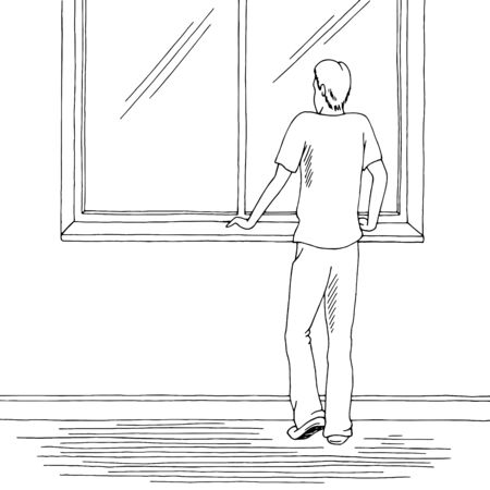 Man stay at home looking out the window graphic black white sketch illustration vectorのイラスト素材