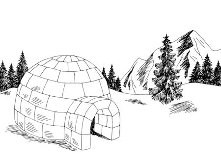 Igloo winter mountain landscape graphic black white sketch illustration vector
