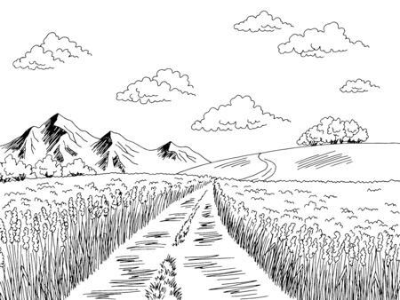 Field road graphic black white landscape sketch illustration vectorのイラスト素材