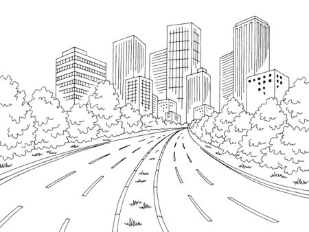Road city graphic black white landscape sketch illustration vectorのイラスト素材