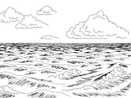 Sea skyline graphic black white seascape sketch illustration vectorのイラスト素材