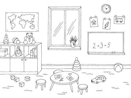 Preschool classroom graphic black and white interior sketch illustration vectorのイラスト素材