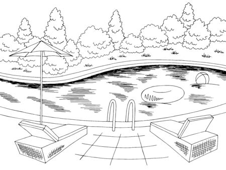 Swimming pool graphic black white landscape sketch illustration vectorのイラスト素材