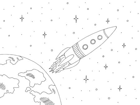 Rocket in space graphic black white sketch illustration vectorのイラスト素材