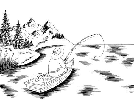 Fishing man in a boat graphic black white landscape sketch illustration vectorのイラスト素材