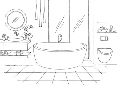Bathroom graphic home interior black white sketch illustration vectorのイラスト素材