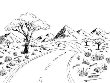 Savannah road graphic black white landscape sketch illustration vectorのイラスト素材