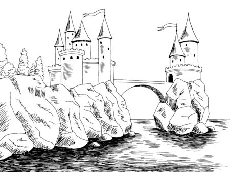 Castle on the cliff sea graphic black white landscape sketch illustration vectorのイラスト素材