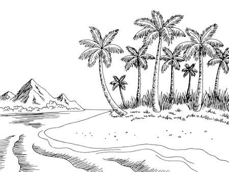Sea coast graphic beach black white landscape sketch illustration vectorのイラスト素材