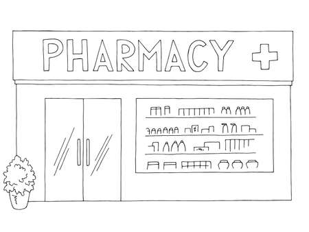 Pharmacy exterior store shop building graphic black white sketch illustration vectorのイラスト素材