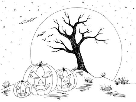 Halloween landscape graphic black white dead tree sketch illustration vectorのイラスト素材