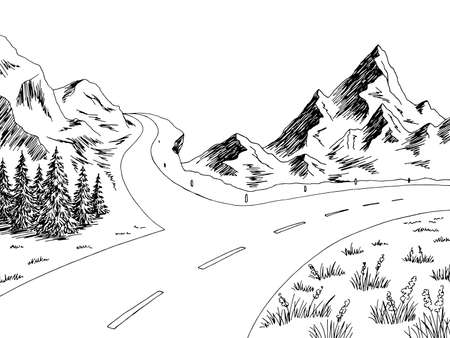 Mountain road graphic black white landscape sketch illustration vectorのイラスト素材