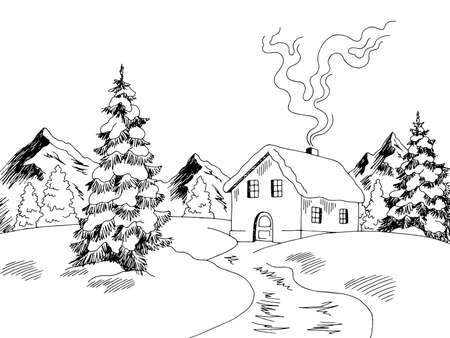 Winter house exterior graphic black white fir tree landscape sketch illustration vectorのイラスト素材