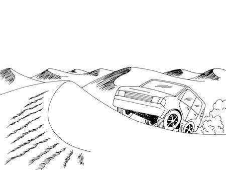 Desert car travel graphic black white landscape sketch illustration vectorのイラスト素材