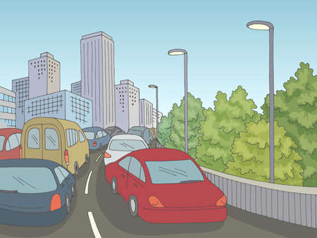 Traffic jam street road graphic color city landscape sketch illustration vectorのイラスト素材