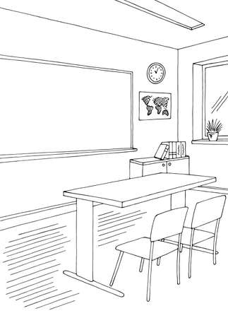Classroom graphic black white vertical school interior sketch illustration vectorのイラスト素材