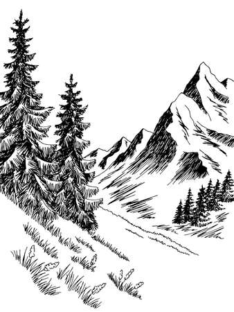 Mountains hill graphic black white vertical landscape sketch illustration vectorのイラスト素材