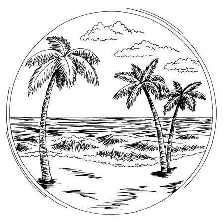 Sea coast round frame graphic beach black white landscape sketch illustration vectorのイラスト素材