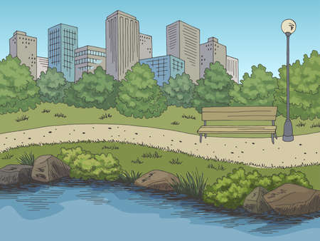 Park river graphic color city landscape sketch illustration vectorのイラスト素材