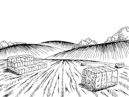 Autumn field hill graphic black white landscape sketch illustration vectorのイラスト素材