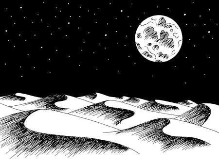 Desert night graphic black white landscape sketch illustration vectorのイラスト素材