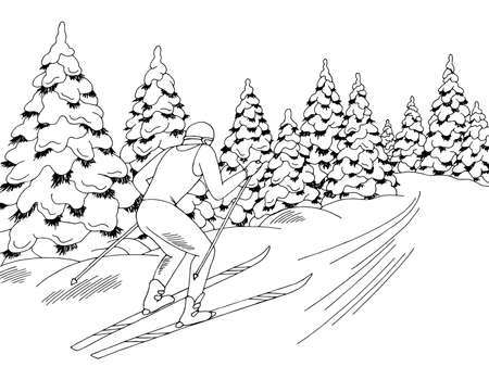 Skier rides on the track graphic black white winter forest landscape sketch illustration vectorのイラスト素材