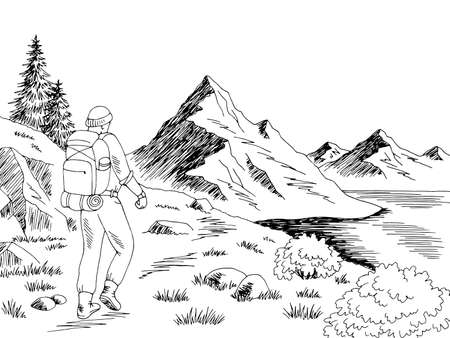 Hiker tourist walking at the mountains graphic black white landscape sketch illustration vectorのイラスト素材
