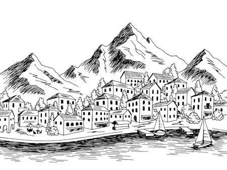 Town sea graphic black white bay landscape sketch illustration vectorのイラスト素材