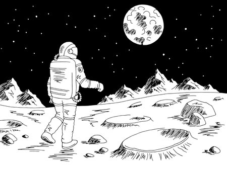 Spaceman astronaut walking alien planet graphic black white space landscape sketch illustration vectorのイラスト素材